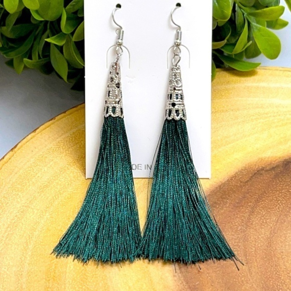 Dark Green Dangle Tassel Earrings